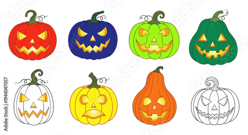 Colorful Halloween pumpkins with carved faces in various colors and styles.