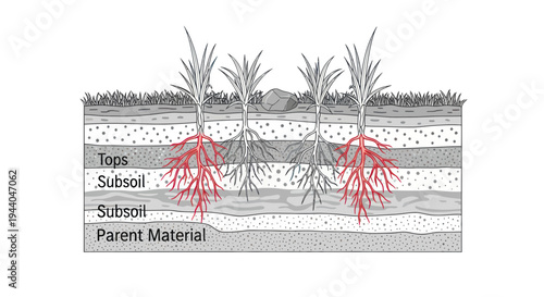 Cross-section of soil layers with plant roots growing