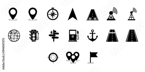 Various transportation and navigation icons are displayed on a clean surface
