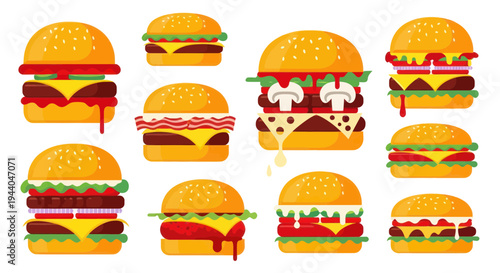 Delicious Fast Food Burgers Collection: Variety of Fresh Ingredients and Toppings