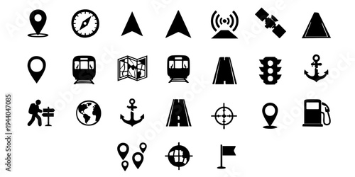 Various navigation and location icons are displayed on a screen.
