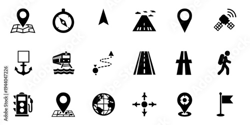 A collection of various navigation and transportation icons on a white background.