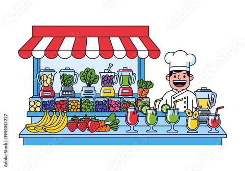 Happy chef serving fresh juices and smoothies at a colorful market stall with fruits and vegetables
