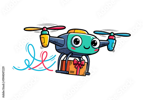 Cute cartoon drone delivering a gift box with a red ribbon and swirling lines