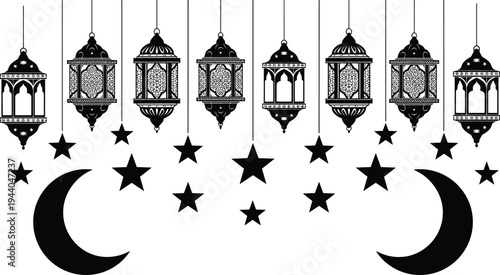 Ramadan hanging lanterns with crescent moon and stars silhouette decoration isolated on white background, traditional Arabic Islamic festive design for Eid Mubarak celebration