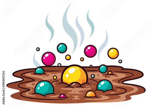 Cartoon illustration of colorful bubbles rising from steaming brown liquid with a white background