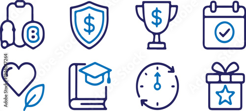 finance money dollar sign business profit reward trophy education bule line icon set vector illustration