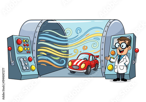 Cartoon scientist testing a red sports car in a wind tunnel with colorful airflow patterns