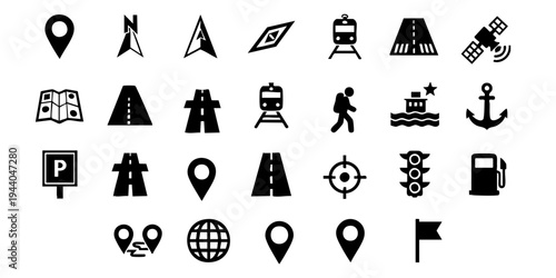 Various transportation and location icons are displayed on a map background.