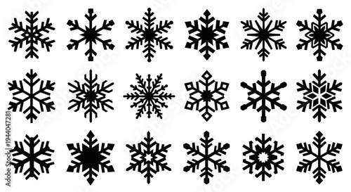 Collection of Diverse Snowflake Icons on White Background
