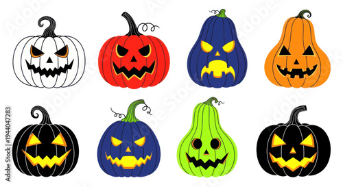 Collection of Spooky Halloween Jack-o-Lanterns with Different Faces