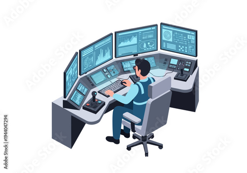 Operator at a control desk with multiple screens showing data and graphs, illustrating surveillance and monitoring operations