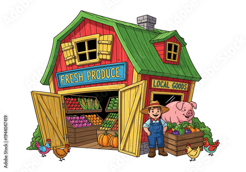Charming cartoon farm stand overflowing with fresh produce and friendly farm animals