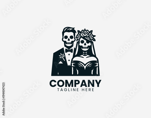 Skeleton bride and groom wedding couple in clean modern gothic romance vector illustration