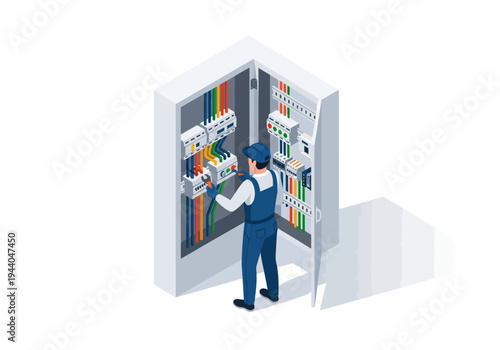 Electrician installing electrical panel with wires and circuit breakers, illustration of electrical work