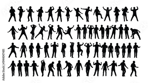 Collection of diverse human silhouettes engaged in various physical activities and poses