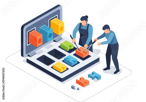 Creative team collaborating on a project with building blocks, representing strategy and teamwork