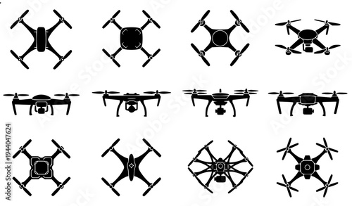 Drone Silhouette Collection – Quadcopters, Hexacopters, and Multi-Rotor Drones Vector Set