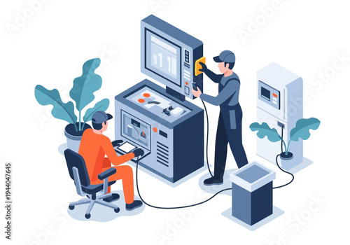 Two Technicians Working on Advanced Computer Systems and Machinery in a Modern Facility