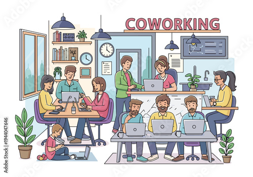 Diverse group of people working together in a modern, bright co-working space