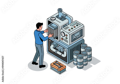 Technician performing maintenance on industrial machinery and equipment with tools and supplies nearby