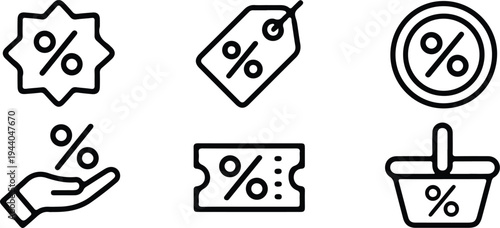 hand drawn discount percentage tag black outline icon set vector illustration design 