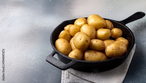 raw small potatoes in a cast iron skillet on a beton background