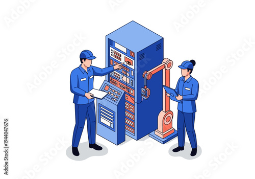 Industrial automation and robotics with engineers inspecting a control panel and robotic arm, representing technological advancement and manufacturing processes
