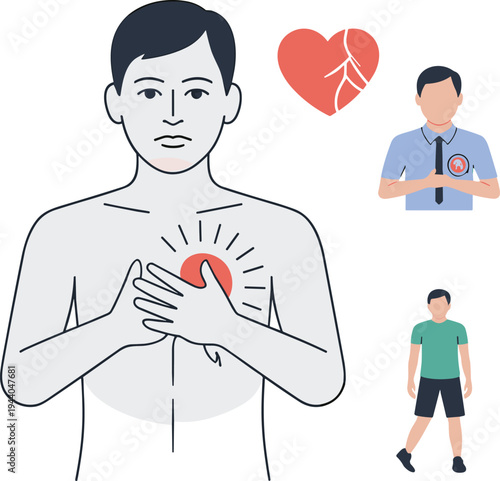 Heart disease awareness illustration, chest pain symptom concept, cardiovascular health artwork, medical science diagram, healthcare education graphic