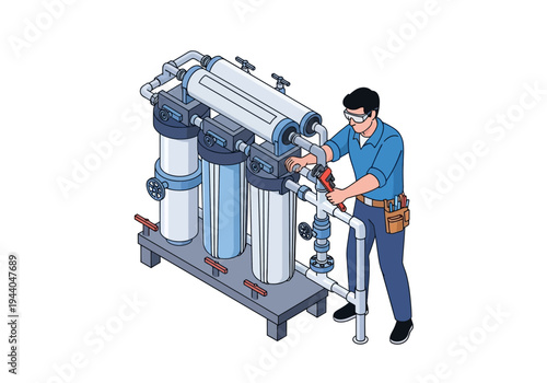 Industrial water purification system maintenance and repair by a technician