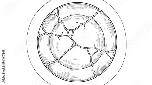 Outline drawing of a broken ceramic plate with many cracks, seen from above, perfect for a creative coloring book page design