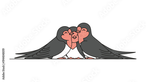 Three Swallows in Embrace: Three stylized swallows in a heartwarming embrace, conveying themes of love, family, and companionship. A simple yet evocative illustration.