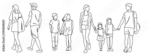 Family walking silhouettes, men, women and children, front and back view, hand drawn, linear sketch, profile, vector image, black color, isolated on white background