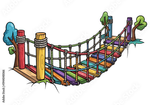 Colorful rope suspension bridge for children's playground adventures and outdoor fun