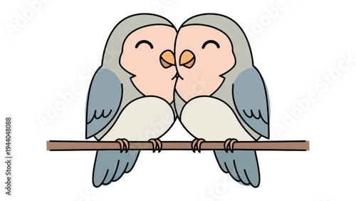 Love Birds Sharing a Moment: Two adorable, stylized lovebirds perched on a branch share an intimate moment, their closed eyes and gentle beak touch conveying a sense of affection and togetherness.