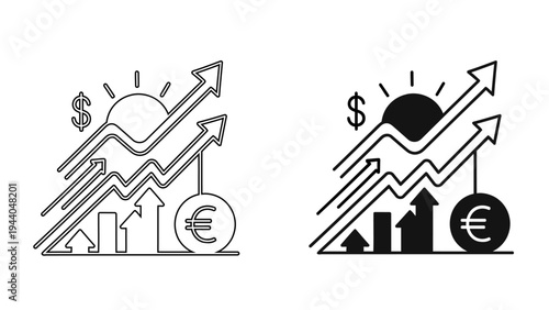 Global Market Recovery Icon with Rising Arrows, Dollar and Euro Currency, and Sunrise for Economic Growth Concept
