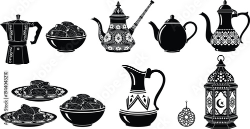 Ramadan traditional food and drink icons with dates bowls, Arabic coffee pots and lantern silhouette isolated on white background for Eid Mubarak celebration