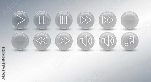 Collection of glossy music player control buttons arranged in two rows.