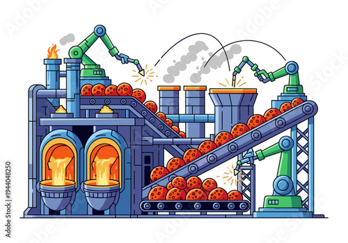 Automated food production line with robotic arms processing cookies on conveyor belts