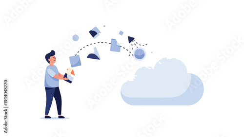 Flat illustration of a man uploading data to a cloud storage service with various file icons floating upwards.