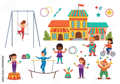 Circus performers and attractions in a vibrant cartoon style illustration