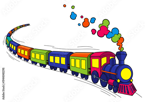 Colorful cartoon train with many carriages chugging along a curved track