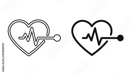 Heart Rate Pulse Icon Set with EKG Line and Heart Shape in Outline and Bold Styles for Medical Healthcare, Fitness Apps, and Cardiology Hospital Design