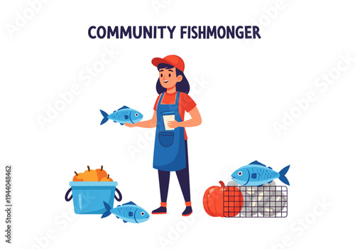 Community fishmonger selling fresh fish and produce at a local market stall