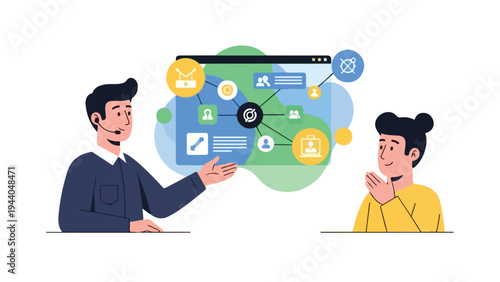 Two professionals discussing a digital workflow diagram with various icons on a white background.