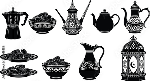 Ramadan traditional food and drink set with dates bowls, Arabic coffee pots and lantern silhouettes isolated on white background for Eid Mubarak celebration