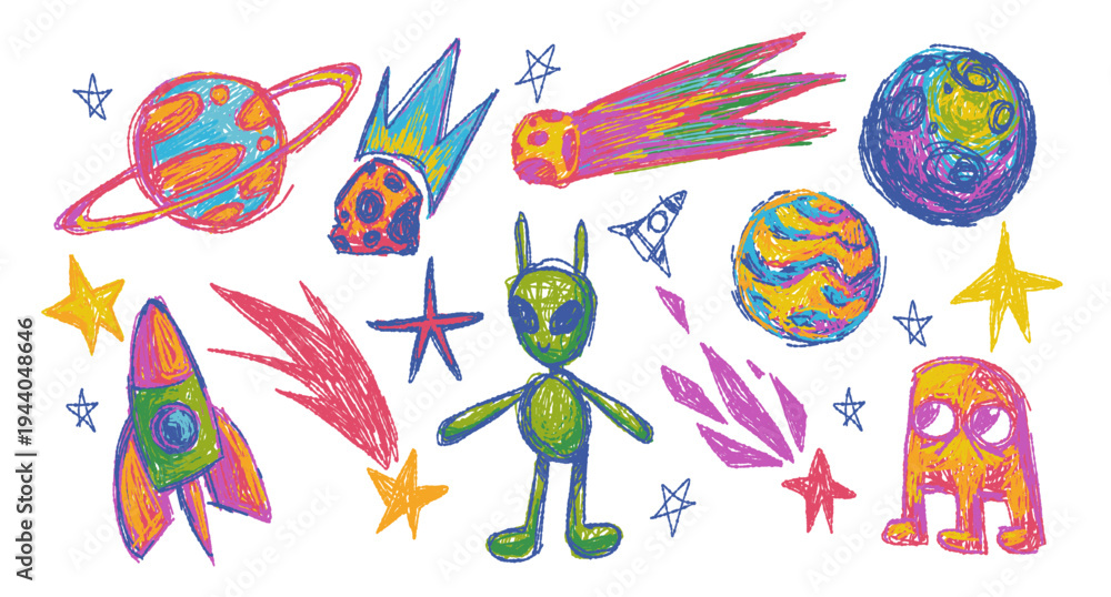 Obraz premium Set of childish crayon space objects and aliens isolated on white background. Vector cartoon illustration of funny chalk Earth, doodle stars, alien creatures and spacecraft, comets with burning tails