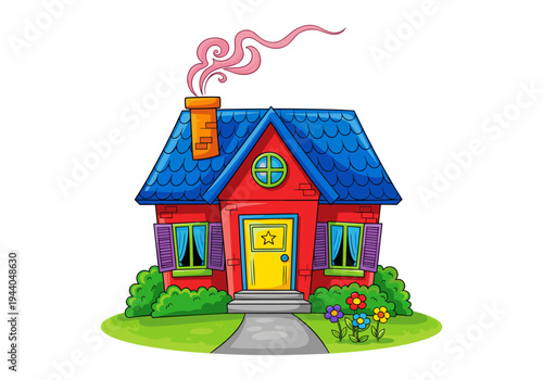 Charming cartoon house with smoke coming from the chimney and colorful flowers in the garden