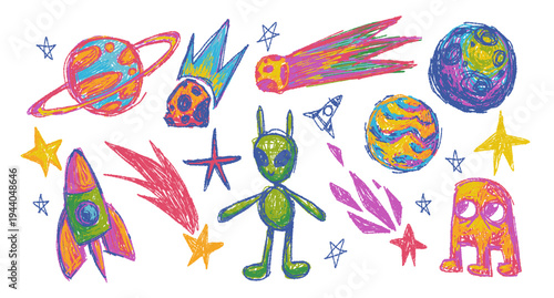 Set of childish crayon space objects and aliens isolated on white background. Vector cartoon illustration of funny chalk Earth, doodle stars, alien creatures and spacecraft, comets with burning tails