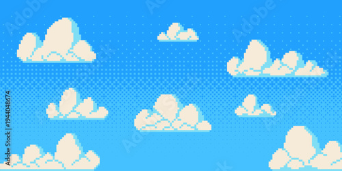 Pixel art sky with fluffy clouds on blue background. Vector illustration of seamless retro pattern for arcade game aesthetic, 8-bit gaming scene, vintage digital design, nostalgic pixelated cloudscape